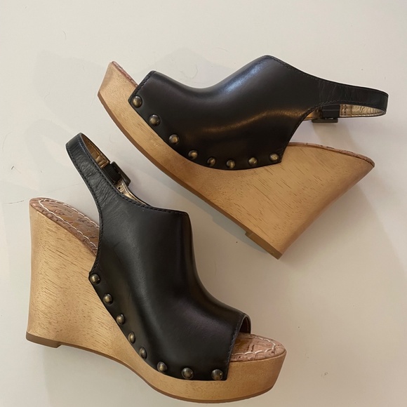 Sam Edelman "Camilla" Black leather wedge sandals - Picture 1 of 5